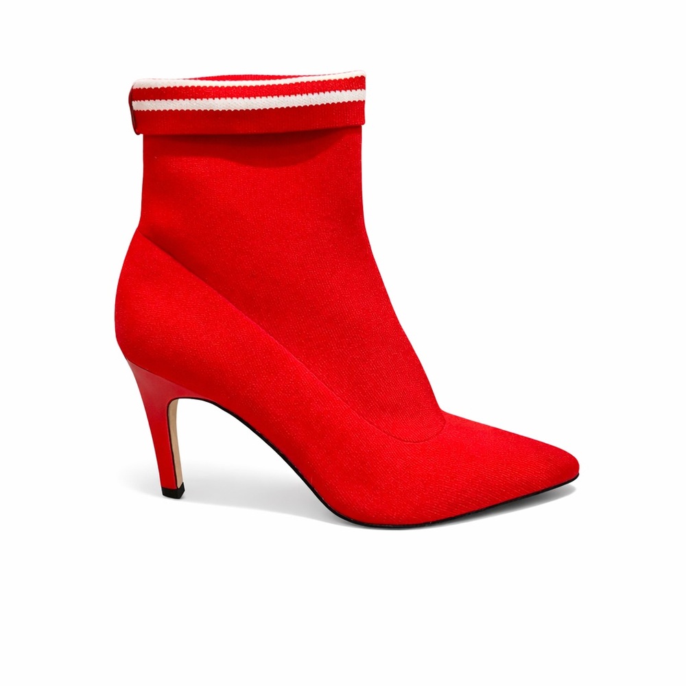 Leith Red Stretch Knit Sock Ankle Pointed Toe Stiletto Heel Boots Size 9 1/2